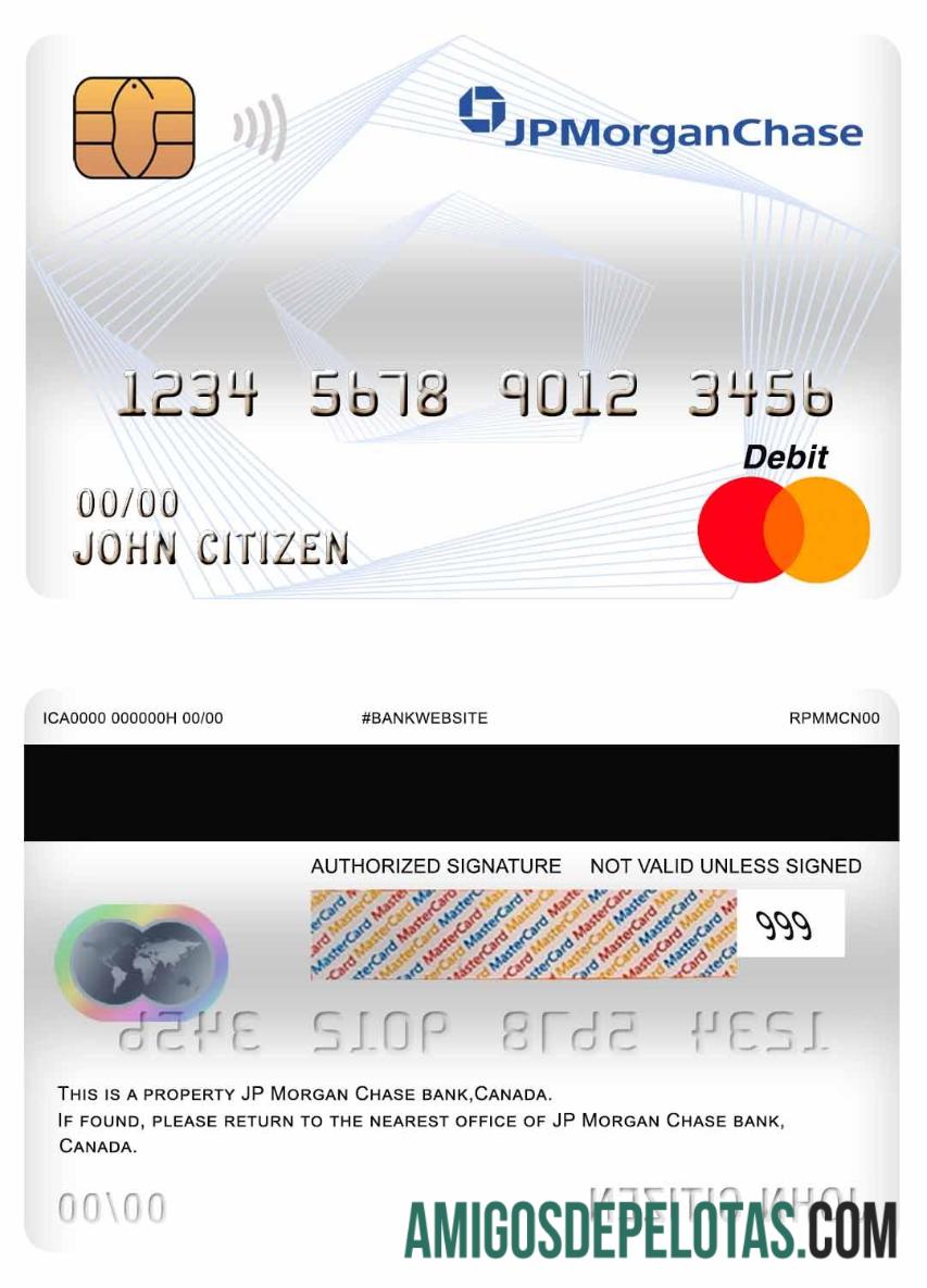 Cartão de débito Canadá JP Morgan Chase Bank Mastercard amostra